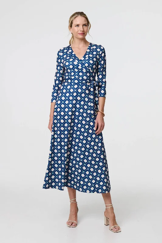 Geo Print 3/4 Sleeve Midi Wrap Dress