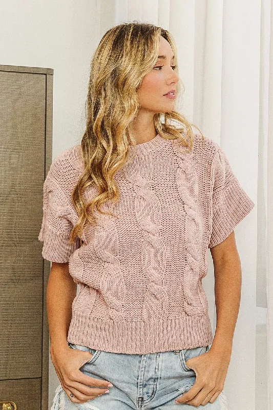 Take Notes Almond Short Sleeve Cable Knit Sweater Sharp Women's Italian