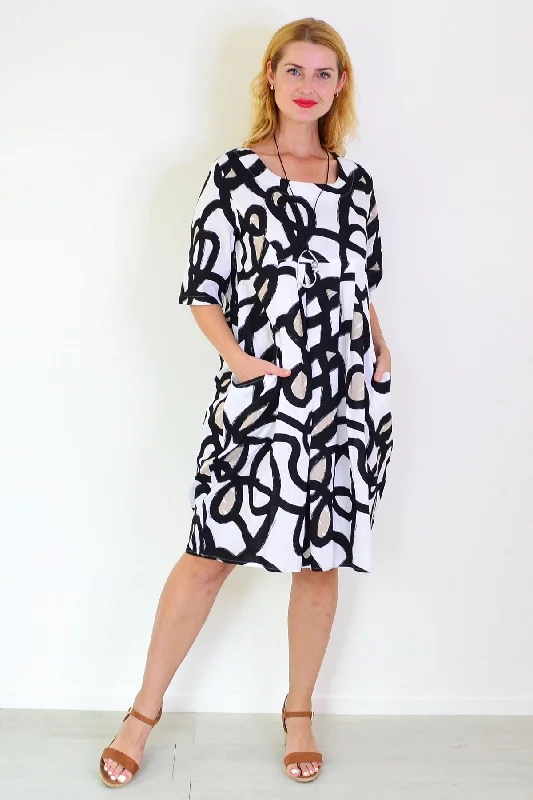 Swirls Print Linen Blend Tunic Dress Edgy Women's Punk