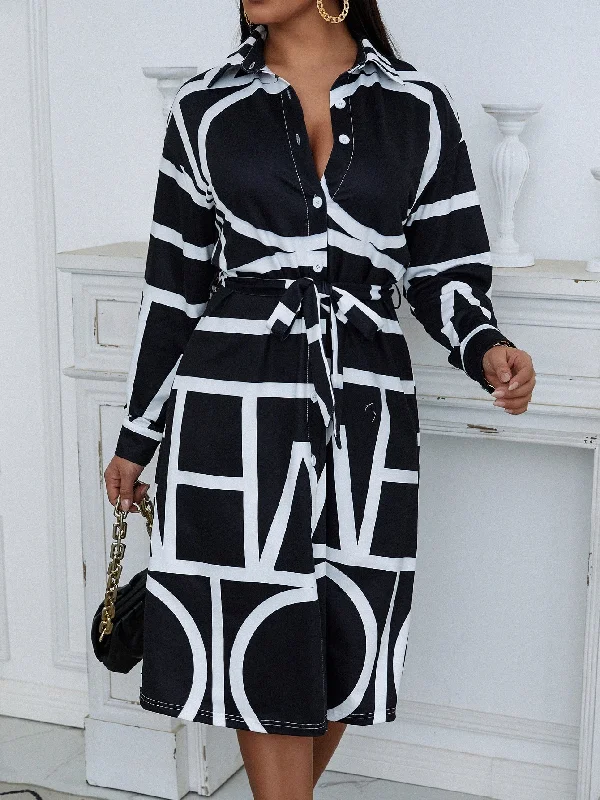 Geometric Button Long Sleeve Collar Straight Natural Long Dress Dapper Women's Bow - adorned Geometric Button Long Sleeve Collar Straight Natural Long Dress Dapper Women's Bow - adorned