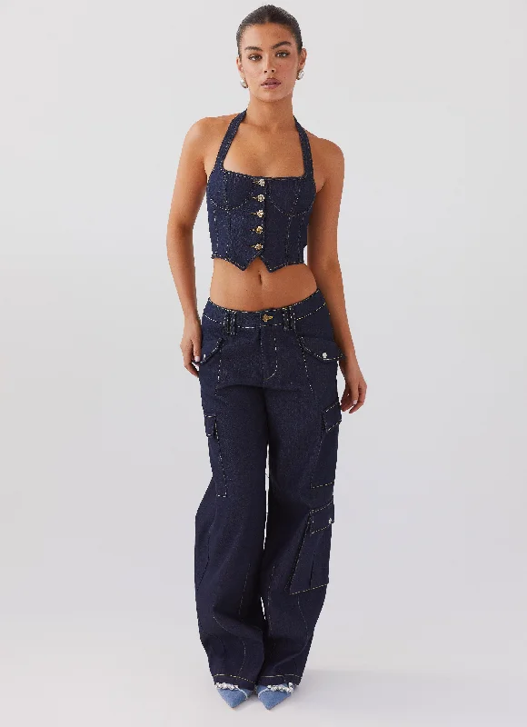 Avari Halterneck Denim Vest - Indigo Vintage Women's 1970S 