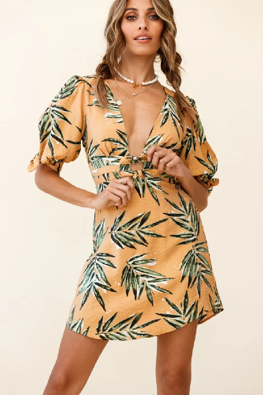 Camarillo Puff Sleeve Bow Detail Dress Leaf Print Sunset Geometric