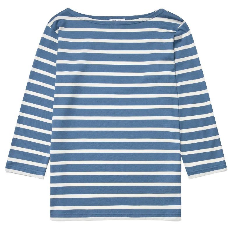 Sunspel Womens 3/4 Sleeve Boat Neck T-Shirt Bluestone / Ecru Breton Stripe French