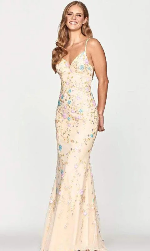Faviana - S10653 Floral Sequined V Neck Long Gown Gym