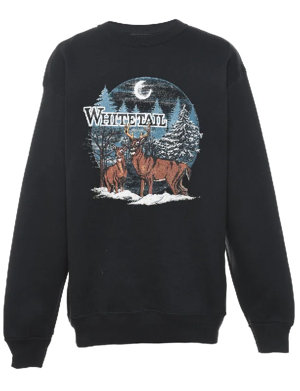 Deer Design Black Sweatshirt - L Relaxed Women's Beachy