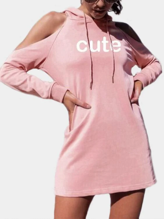 Wholesale Pink Cold Shoulder Pullover Long Sleeve Letter Hooded Mini Dress Vacation