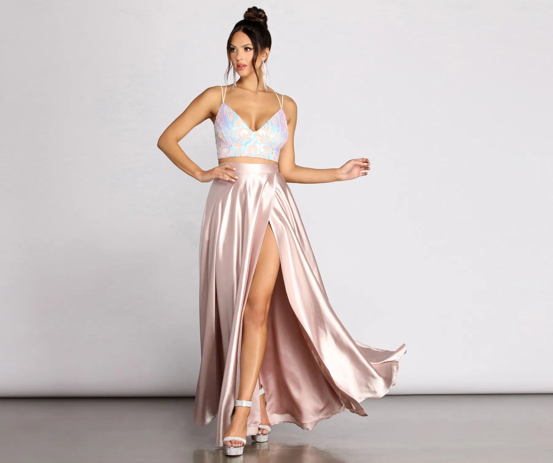 Inez Iridescent Sequin Two Piece Satin Dress Stylish Women's Neon