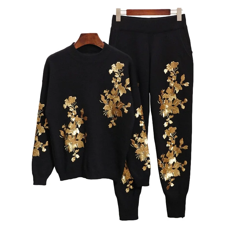 Gold & Silver Sequins Long Sleeves Sweater & Pants Set Preppy Women's College