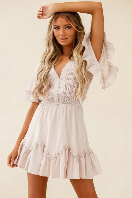 Play It Again Bust Placket Mesh Detail Dress Beige Traditional Women's 