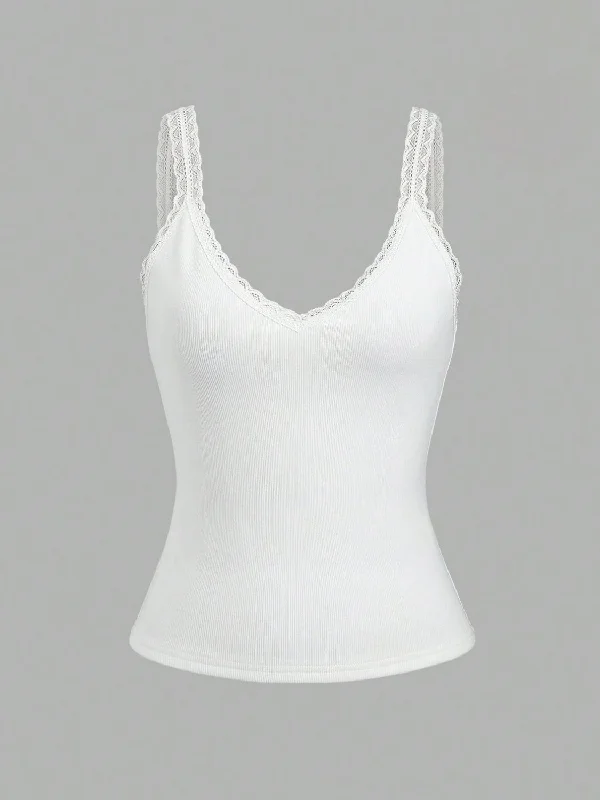Lace Detail V-Neck Wide Strap Tank Earthy Women's Hemp - based