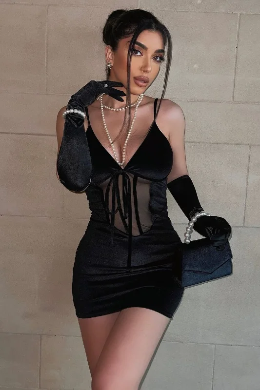Black Mesh Detail Corset Velvet Mini Dress - Asha Feminine Women's Soft 