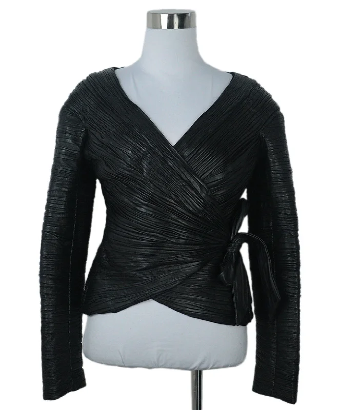 Ralph Lauren Black Gathered Leather Jacket sz 6 Stylish Women's Tropical 