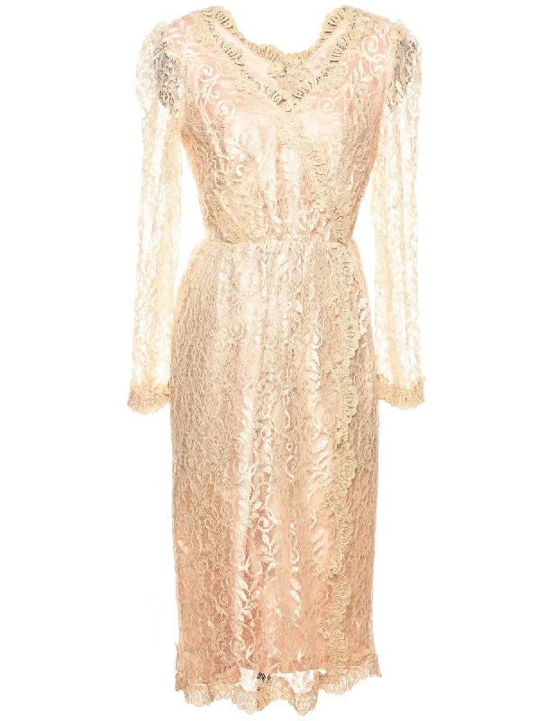 1980s Gold Floral Lace Evening Dress - S