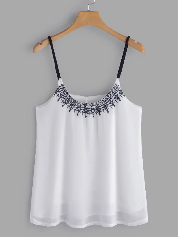 Custom Deep V Neck Embroidered Sleeveless White Camis Earthy Women's Hemp - based