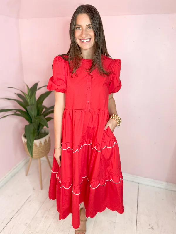 The Sara Scalloped Ruffle Maxi Dress-Red