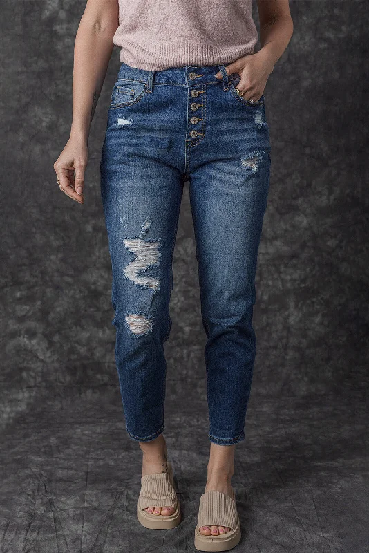 Distressed Button Fly High Waist Jeans Stylish Women's Neon