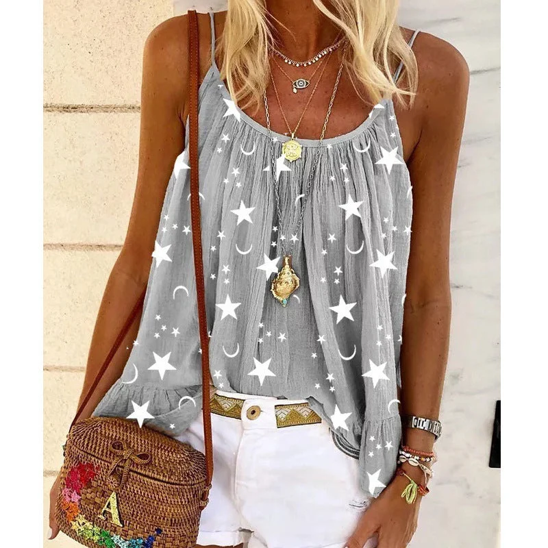 Star Print U-Neck Loose Cami Tops Wholesale Womens Clothing N3824040700302 Stylish Women's Tropical Star Print U-Neck Loose Cami Tops Wholesale Womens Clothing N3824040700302 Stylish Women's Tropical