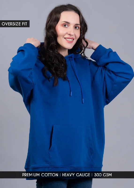 Solid Royal Blue Women Drop Shoulder Terry Hoodie Hip Women's Retro