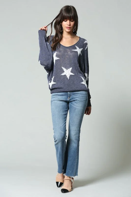 Star Print Wide V Neck Top