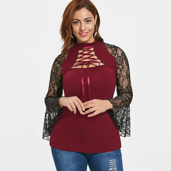 ANALUKE New Lace Insert Cut Out Long Sleeve T-Shirt