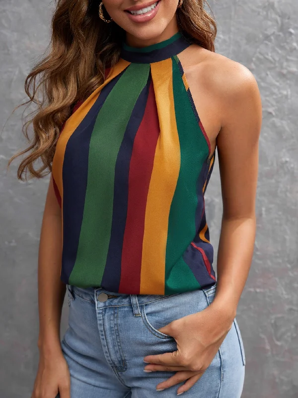 Boho Colorblock Tie Back Halter Regular Women Tank Top & Cami