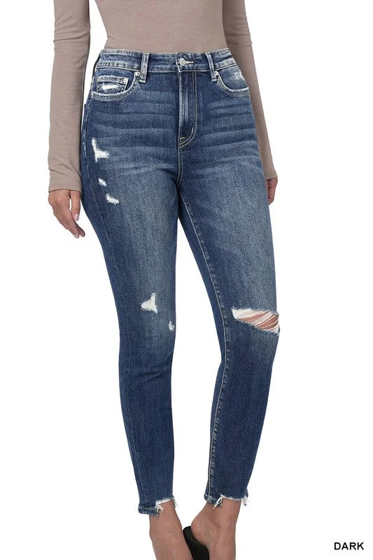 Distressed Hem Ankle Skinny Denim Pants Athletic Women's High - 