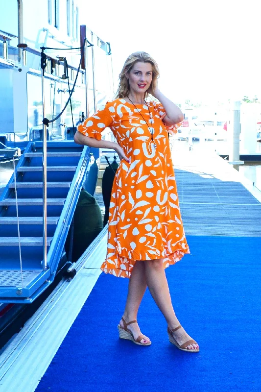 Orange White Spots Print Summer Dress Sleek Women's 