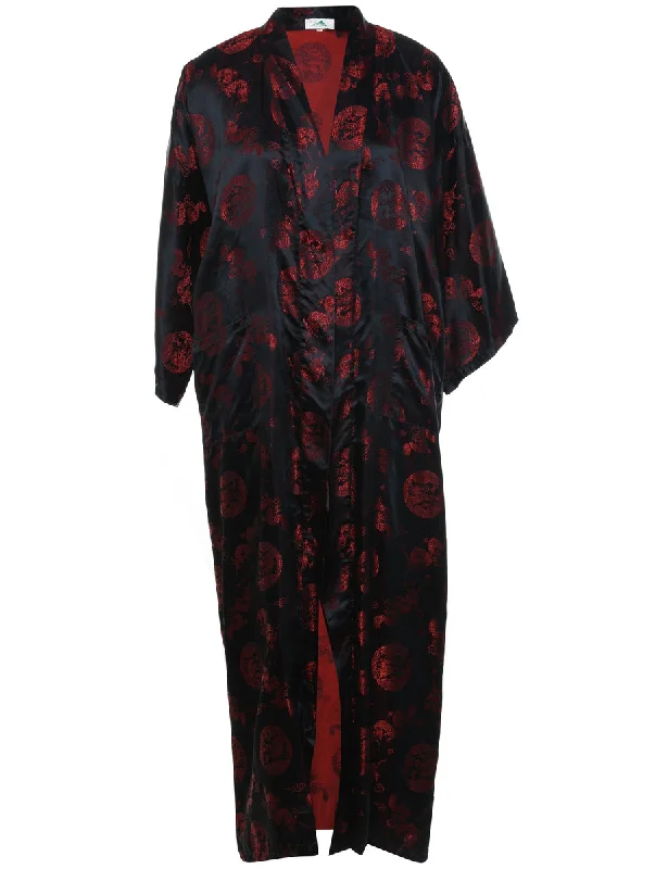 Brocade Pattern Black & Red Dragon Design Length Kimono - L Refined Women's 