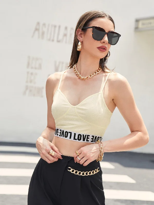 Casual Letter Tape Spaghetti Strap Semi-Sheer Crop Women Tank Top & Cami