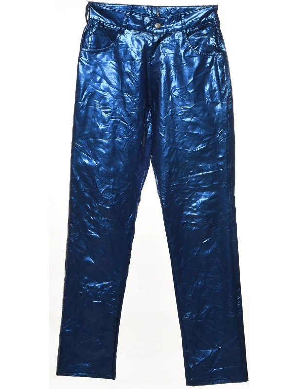 Blue Metallic Shiny Trousers - W28 L32 Contemporary 