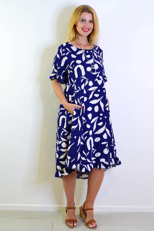Navy White Spots Print Summer Dress Modern Women's Tech