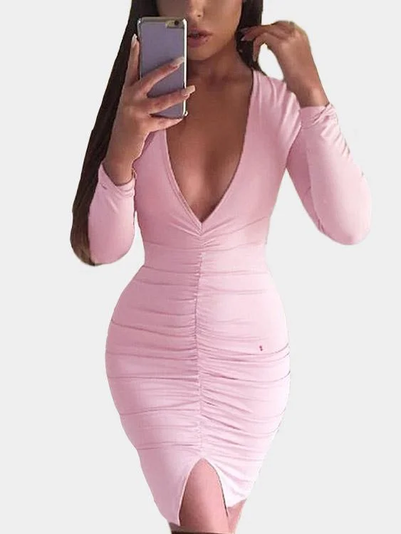 Wholesale Pink V-Neck Long Sleeve Pleated Slit Bodycon Mini Dress Luxurious Women's High -  end