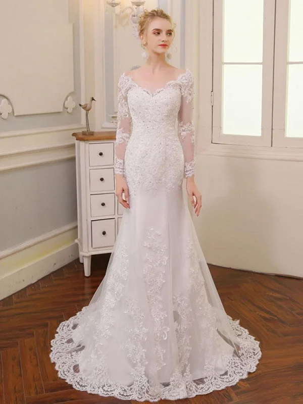 Glamorous V Neck Long Sleeve Lace Backless Wedding Dresses