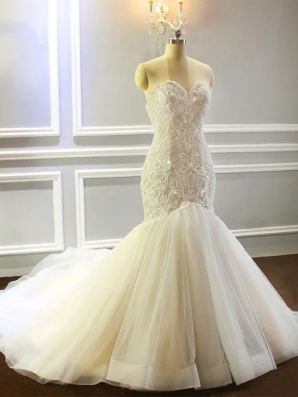 Sweetheart Lace- Up Mermaid Wedding Dresses with Full Beading