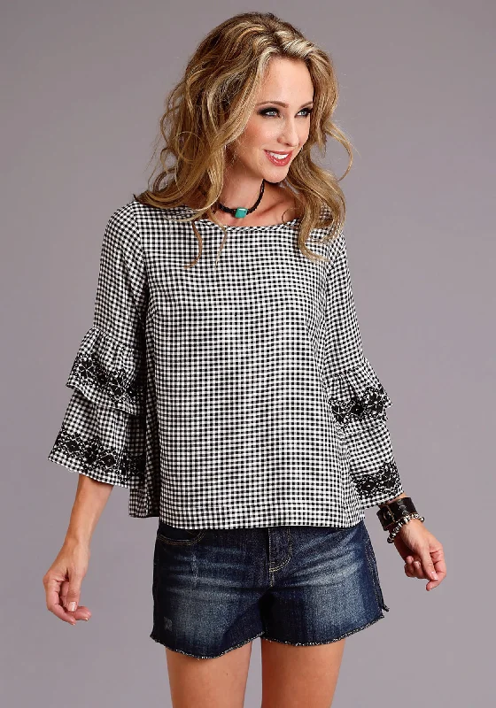 Stetson Womens Black/White Rayon/Nylon Gingham S/S Blouse Bohemian Women's Free