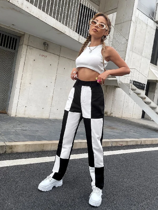 Casual Colorblock Zipper High Waist Long Women Pants