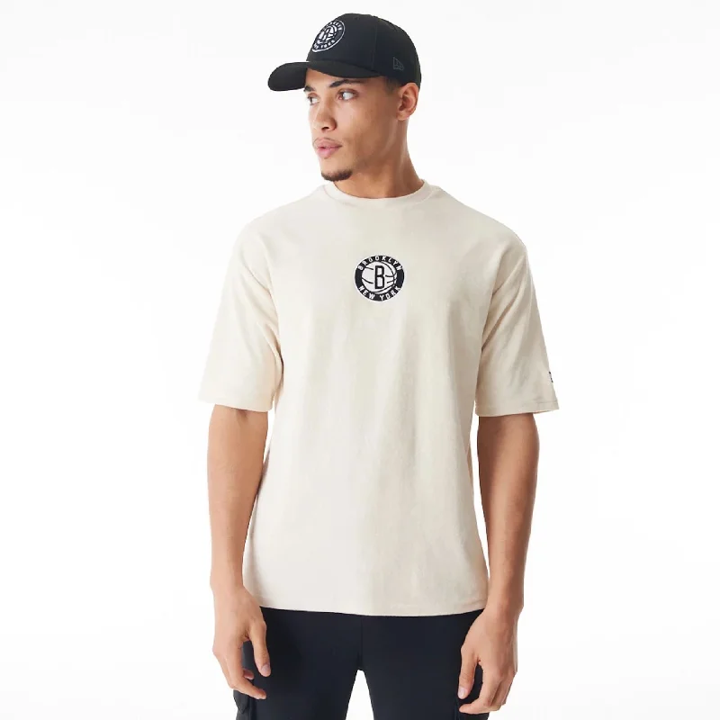 Brooklyn Nets NBA Lifestyle Velour Light Beige Oversized T-Shirt Hip Women's Retro