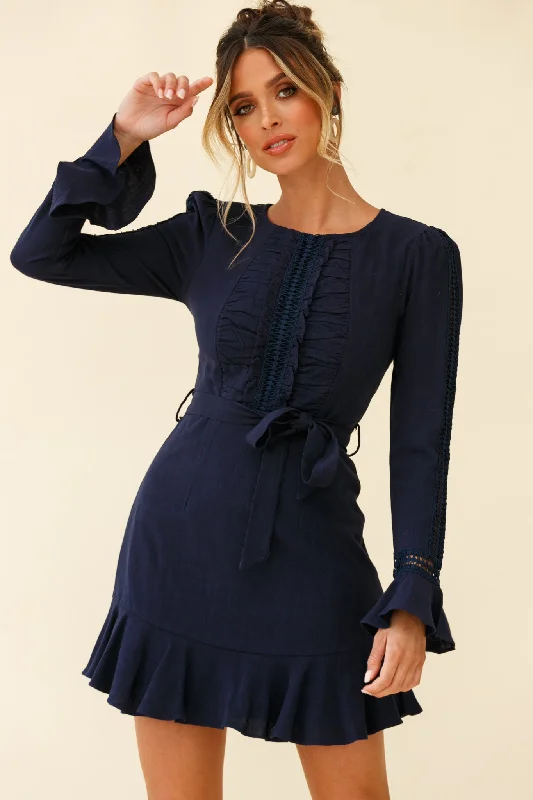Gardenia Long Sleeve Frill & Crochet Trim Dress Navy Refined Women's 