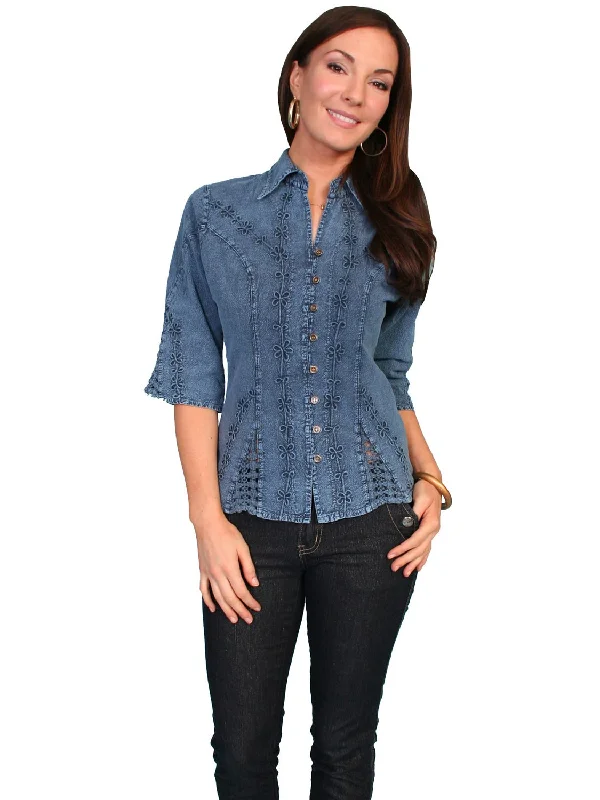 Scully Cantina Womens Dark Blue 100% Cotton 3/4S Floral Vine Blouse Elegant Women's Formal Scully Cantina Womens Dark Blue 100% Cotton 3/4S Floral Vine Blouse Elegant Women's Formal