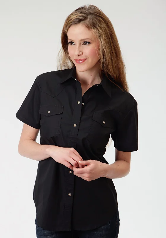 Roper Basics Ladies Black 100% Cotton Solid Poplin S/S Shirt Modern Women's 