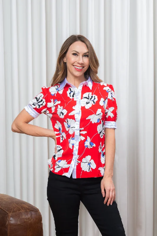 Lotus Flower Print Short Sleeve Button Down Top with White Satin Contrast in Red (SB1141)