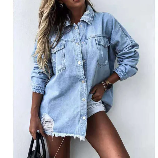 Turn Down Collar Long Sleeve Ripped Wholesale Denim Jacket for Women Classic Women's Tweed