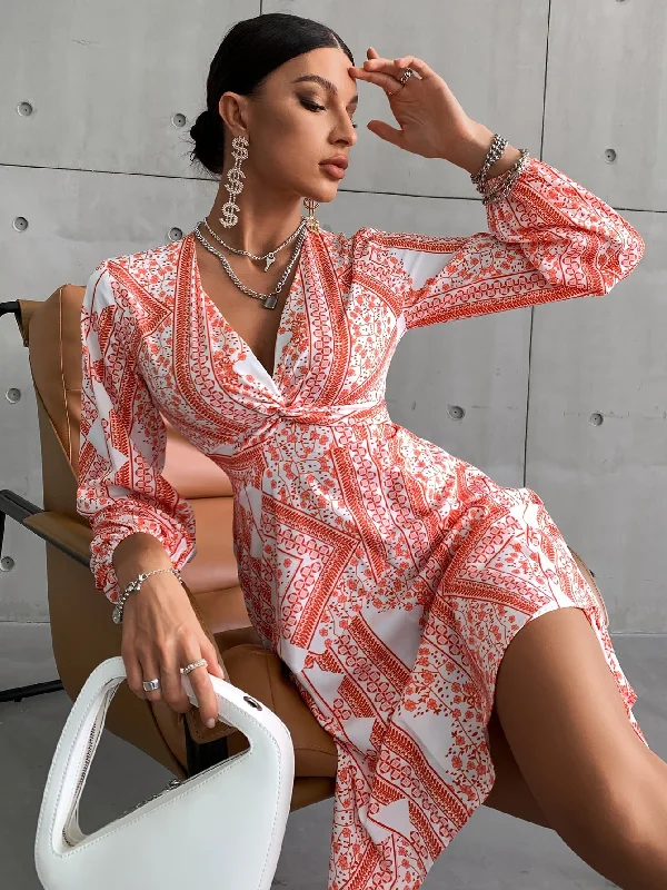 Geometric Twist Long Sleeve Deep V Neck Flared High Waist Short Dress Country