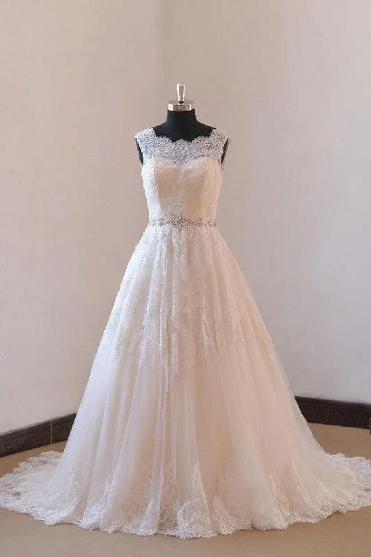 Traditional Lace Tulle Wedding Dresses with Rhinestones Belt Disco