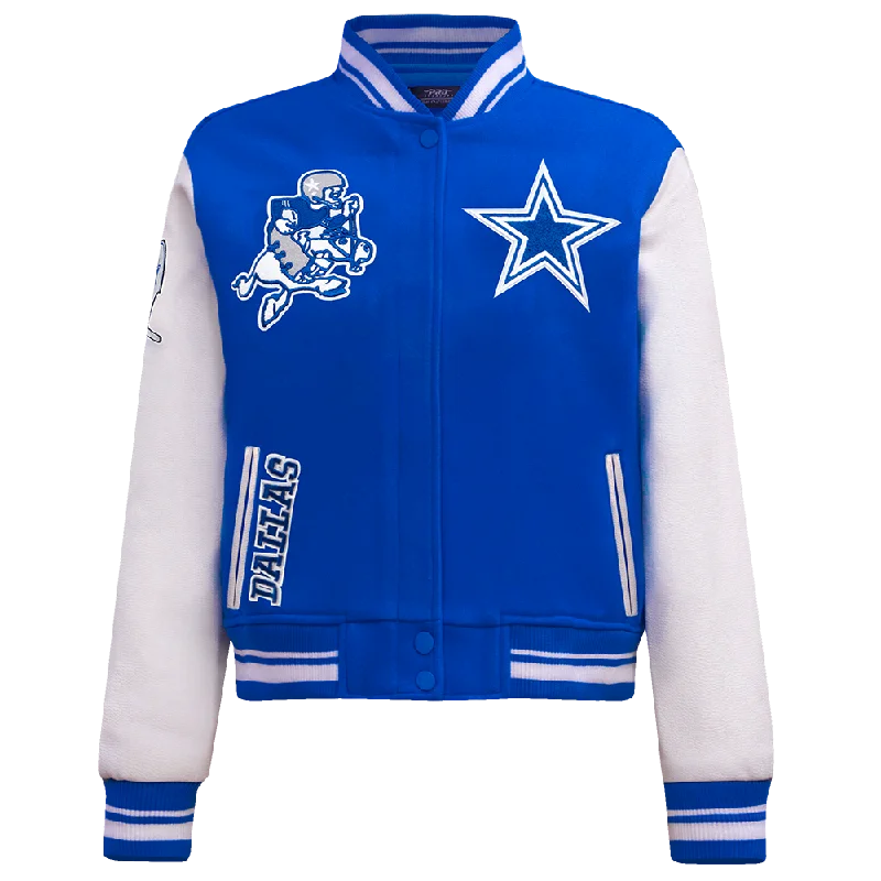 NFL DALLAS COWBOYS RETRO CLASSIC WOMEN'S RIB WOOL VARSITY JACKET (DODGER BLUE/WHITE) Contemporary NFL DALLAS COWBOYS RETRO CLASSIC WOMEN'S RIB WOOL VARSITY JACKET (DODGER BLUE/WHITE) Contemporary