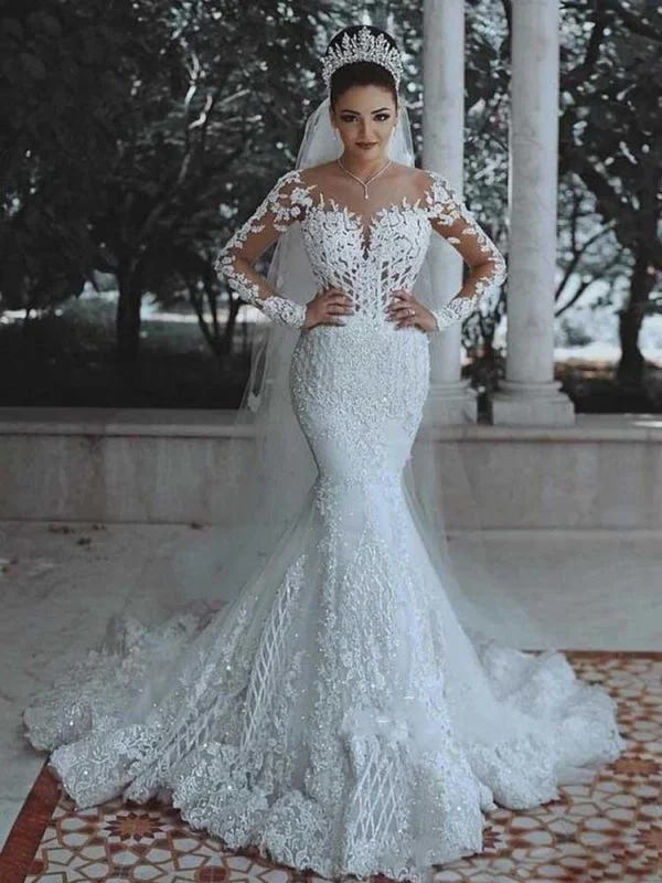 Modest Long Sleeves Lace Appliques Mermaid Wedding Dresses