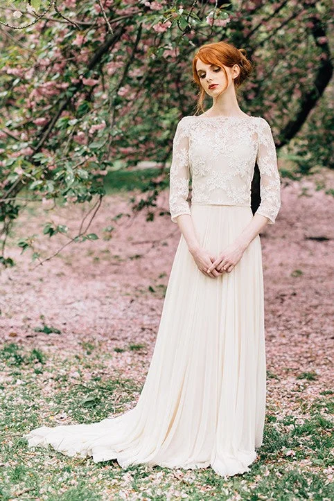Bateau Spring Wedding Dresses with Lace Sleeves Laid - back Women's Vibe