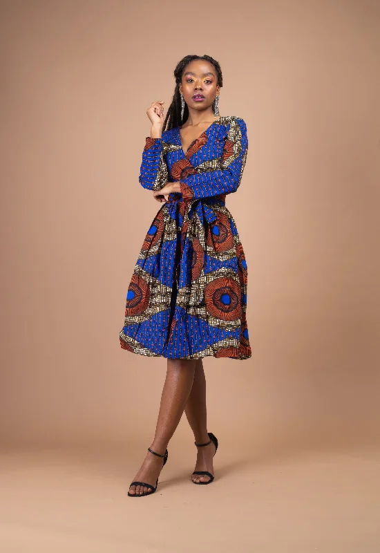 Jayne Ankara Midi Dress | Blue and Brown African Print Hip Women's Retro
