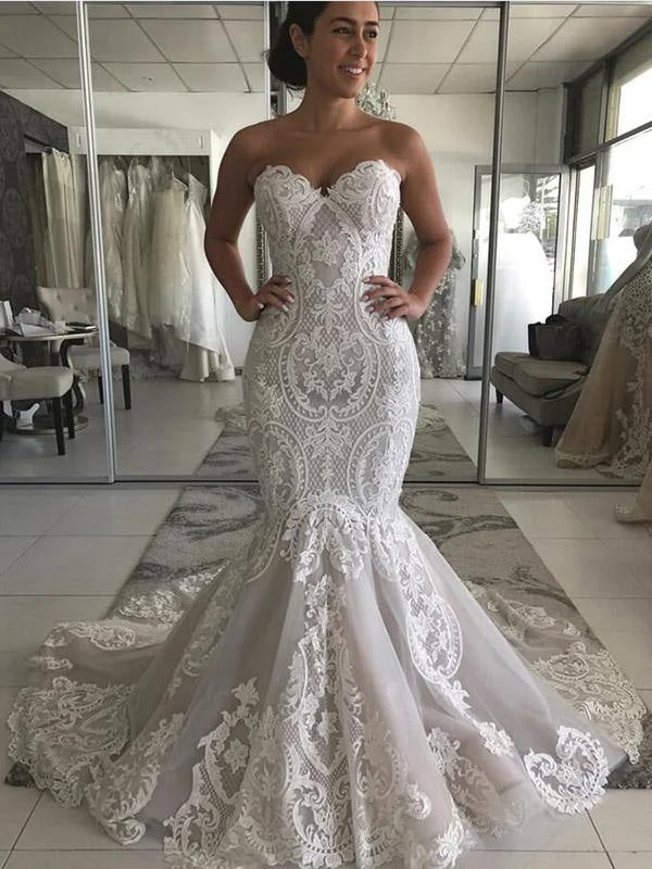 Sweetheart Lace Covered Button Mermaid Wedding Dresses with Lace