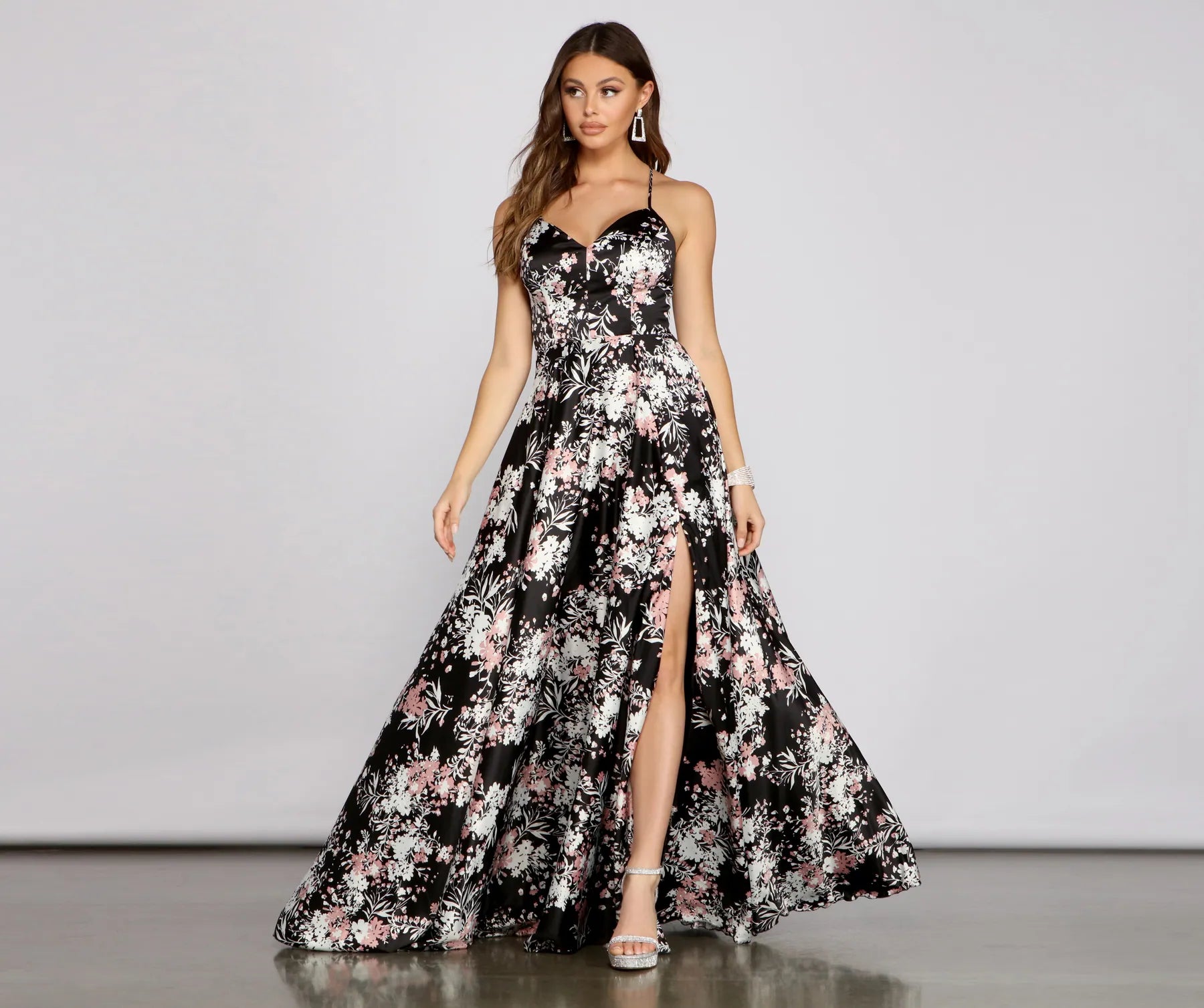 Eleanor Formal High Slit Floral Satin Dress Cool Women's Skate